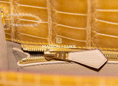 Hermes Kelly Sellier 25 Beige Sable & Jaune Ambre HSS Shiny Alligator