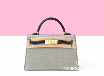 Hermes Mini Kelly II 20 Gris Perle & Noir HSS Matte Alligator