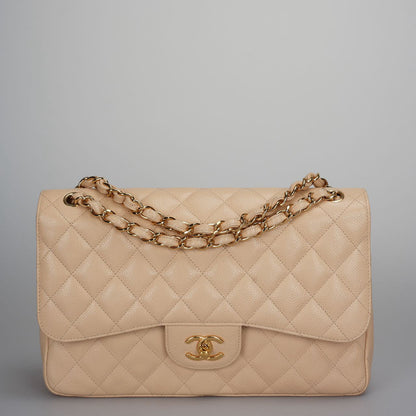 Chanel Beige Jumbo timeless Flap Bag Caviar Leather with Gold Hardware