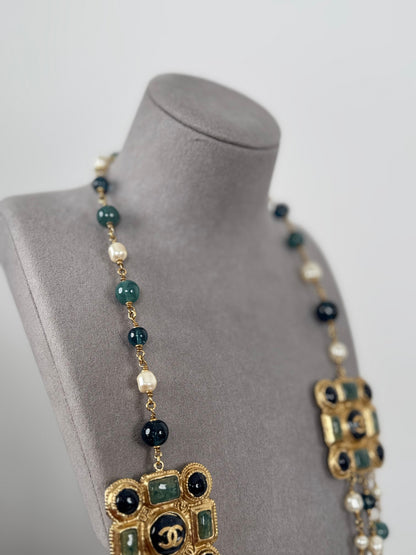 Chanel Blue and White Multi-Beads with Two Gold Cabochons Necklace from 2011 collection