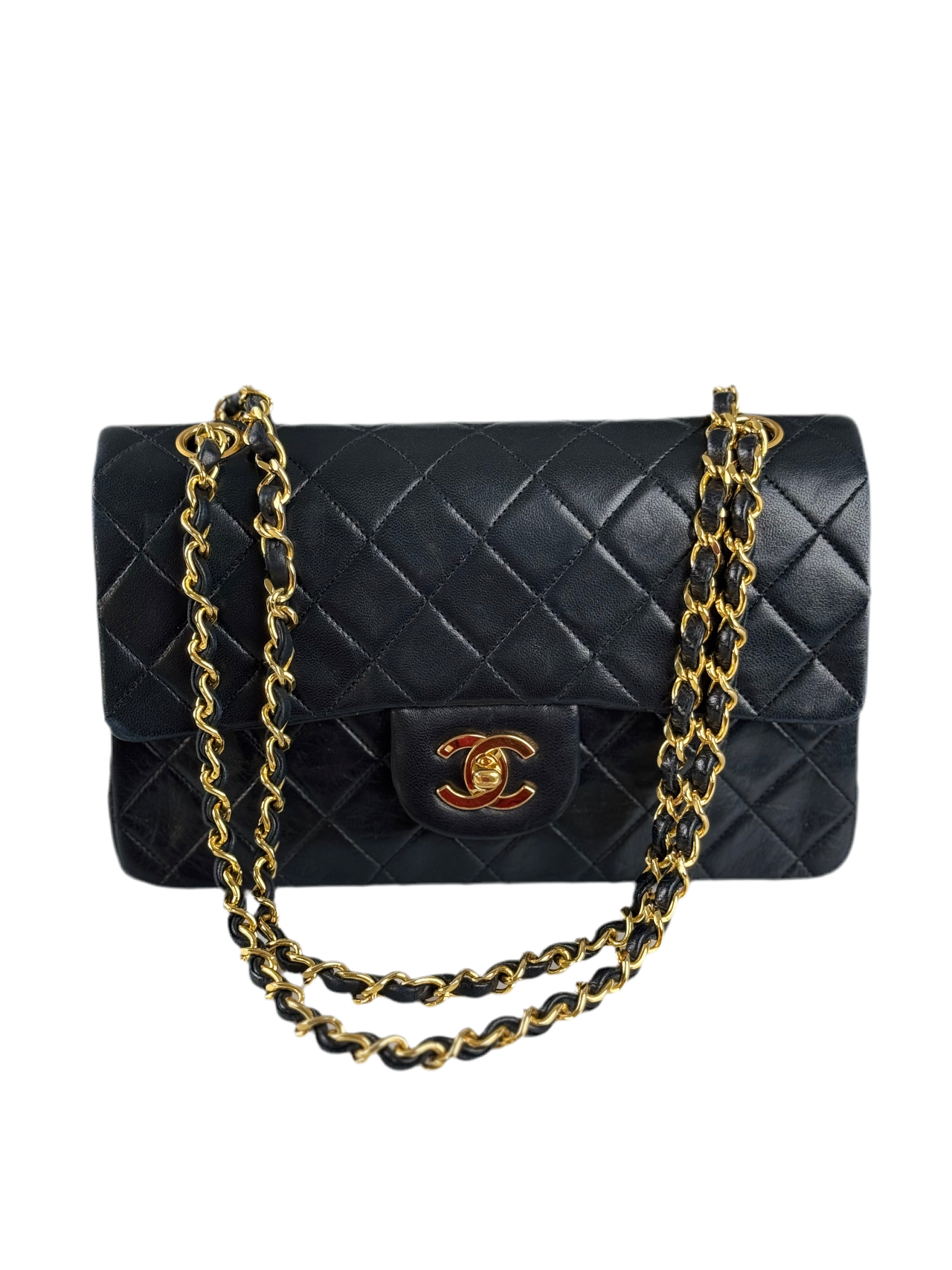 Chanel vintage timeless flap bag small black golden