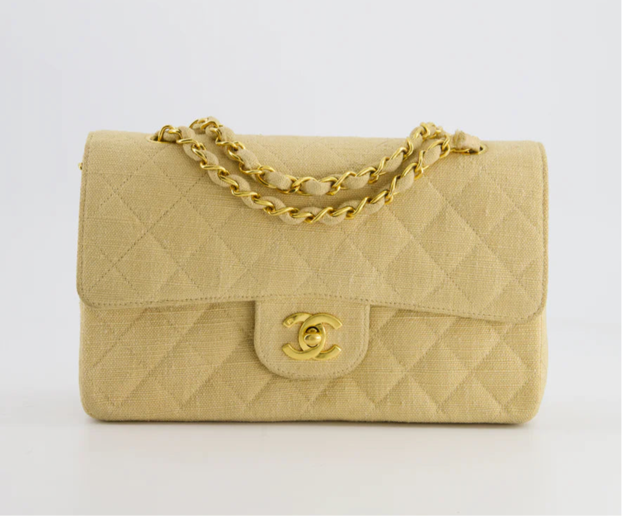 Chanel Vintage Beige Small Fabric Double Flap Bag with 24K Gold Hardware