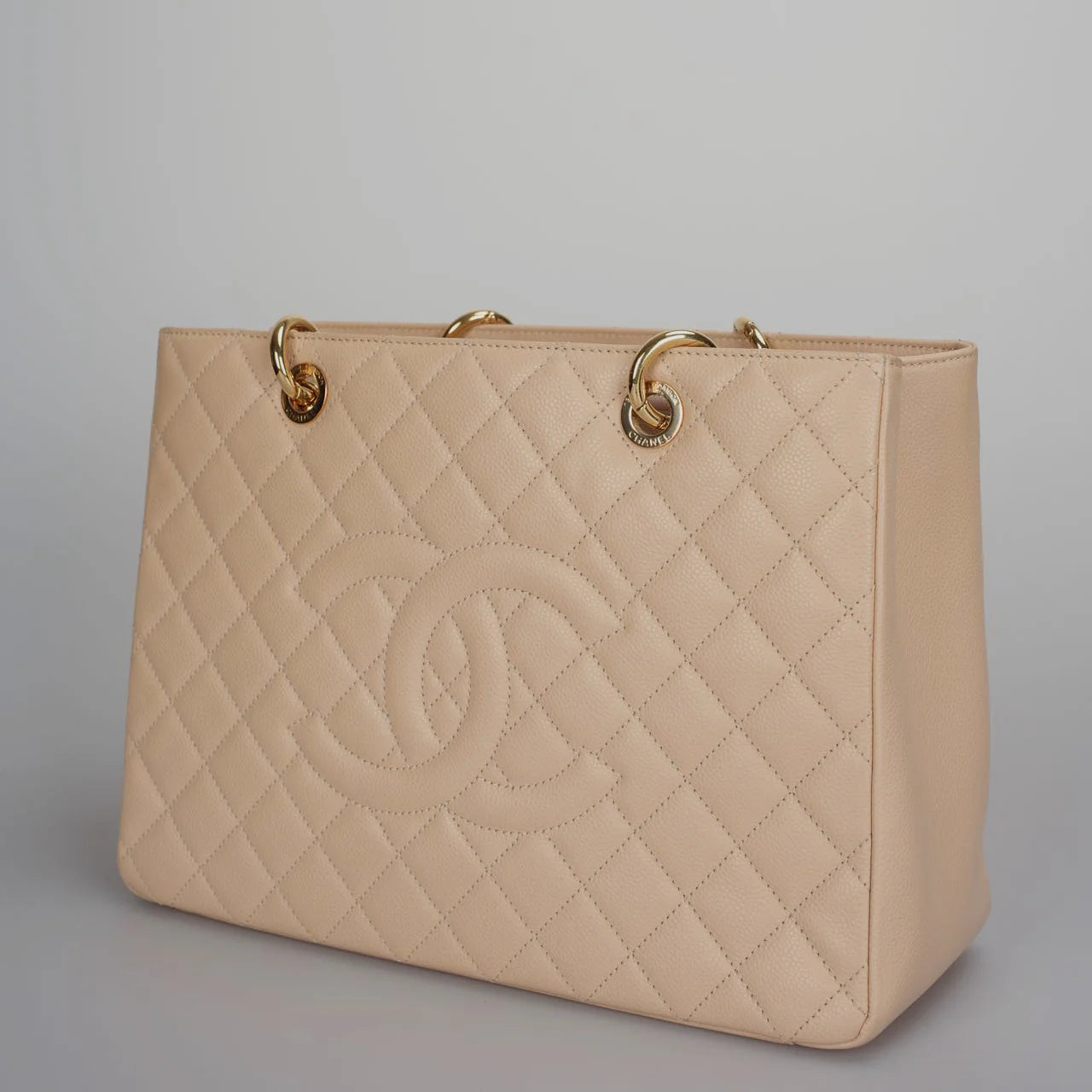 Chanel Beige Grand Shopping Tote GST Bag in Caviar Leather with gold Hardware