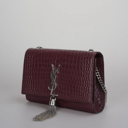 Saint Laurent Small Classic Monogram Kate Tassel Satchel Calfskin Crocodile Embossed Burgundy