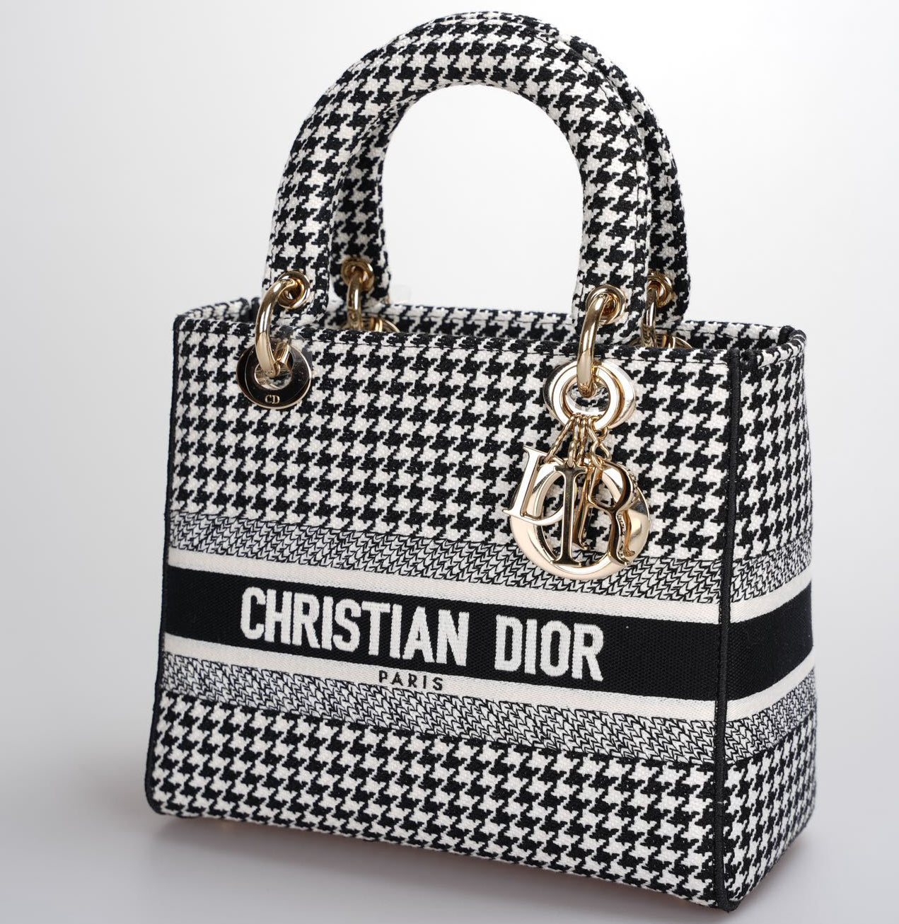 Christian Dior Black White Houndstooth Canvas Medium Lady D-Lite bag