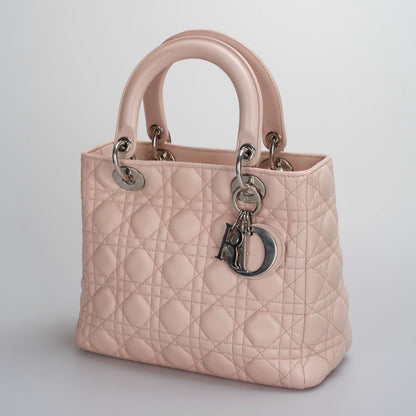 Christian Dior Pink Medium Lady Dior Bag in Cannage Lambskin Leather with Silver Hardware