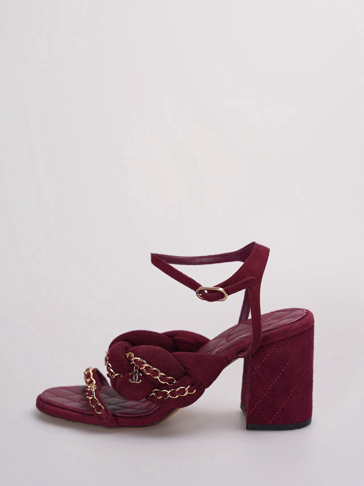 Chanel Suede Chain Braided Sandals 38C in Burgundy