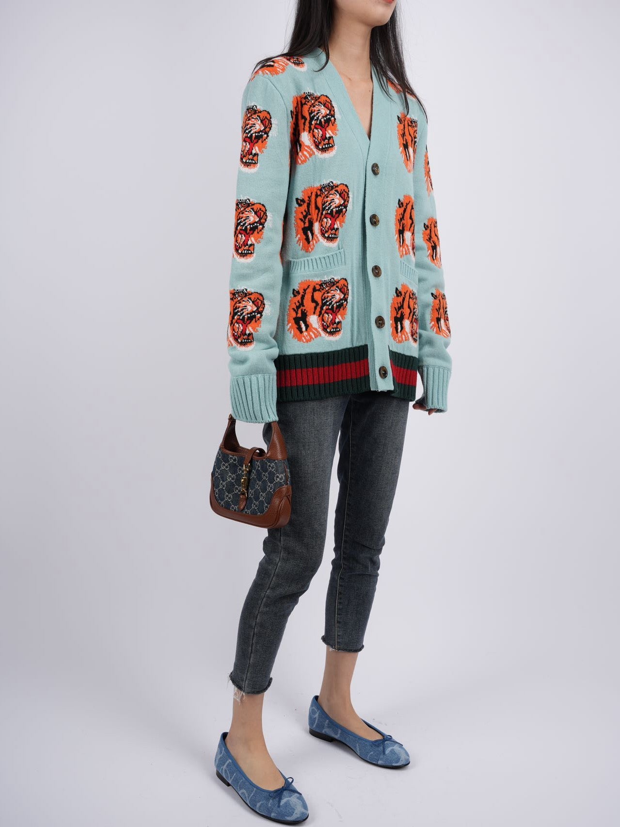 Gucci Tiger Jacquard Wool Cardigan light Blue