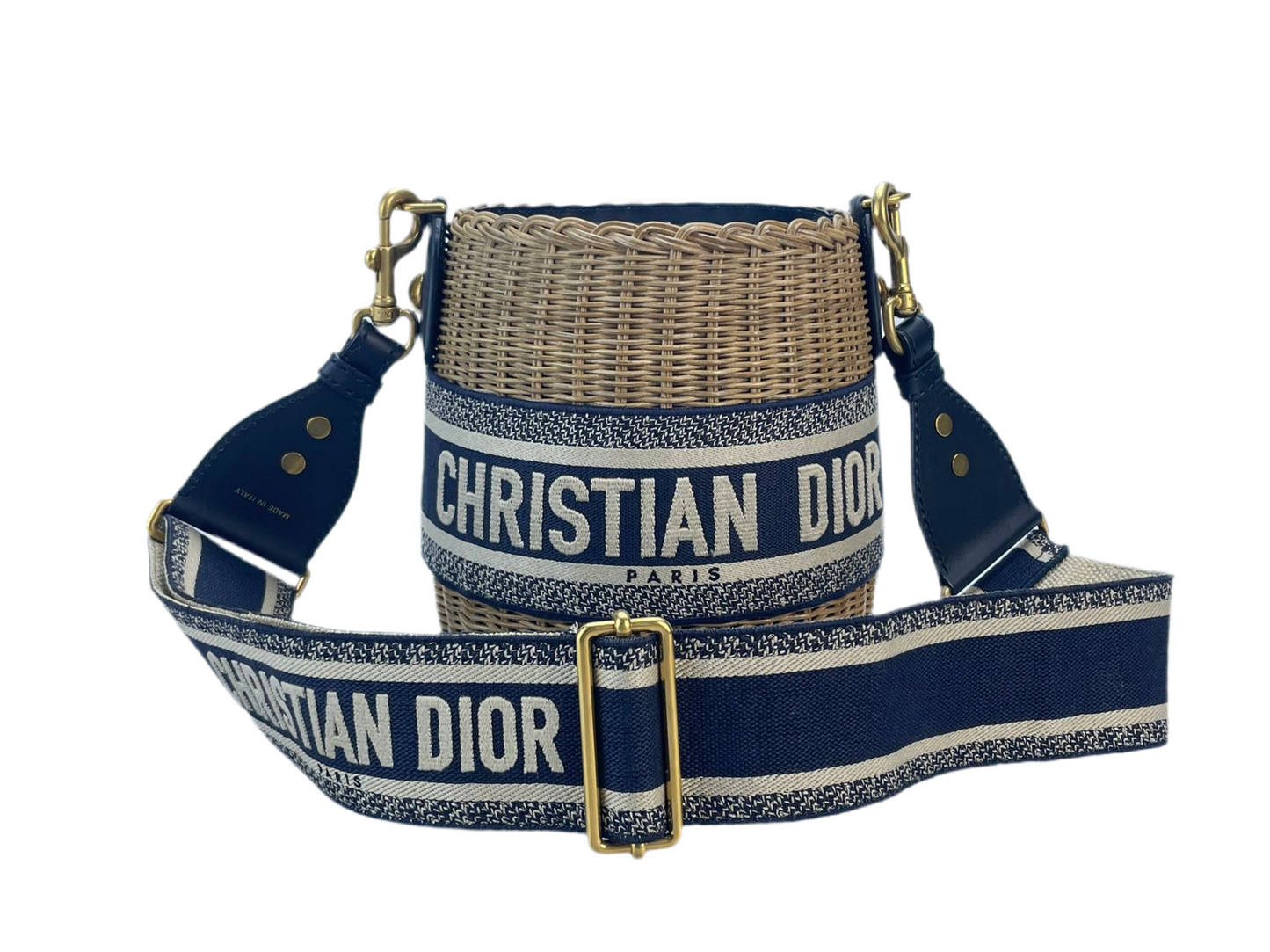 Dior Dioriviera Bucket Bag in Wicker and Blue Canvas With Gold Hardware