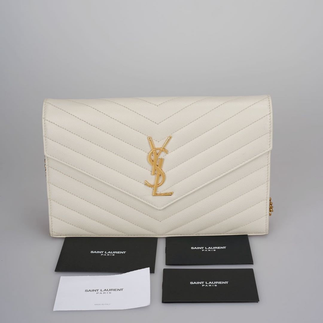 Saint Laurent Cassandre White Leather Envelope Wallet On Chain