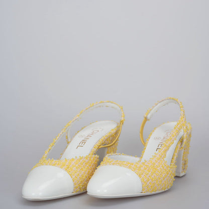 Chanel tweed slingback 39 light yellow pumps with CC logo