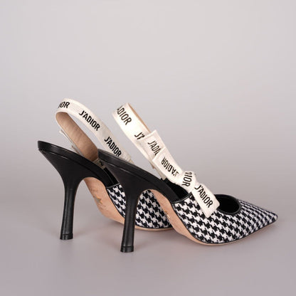 Christian Dior Wool Ribbon Houndstooth J'Adior Slingback 8cm Pumps 38D Black White