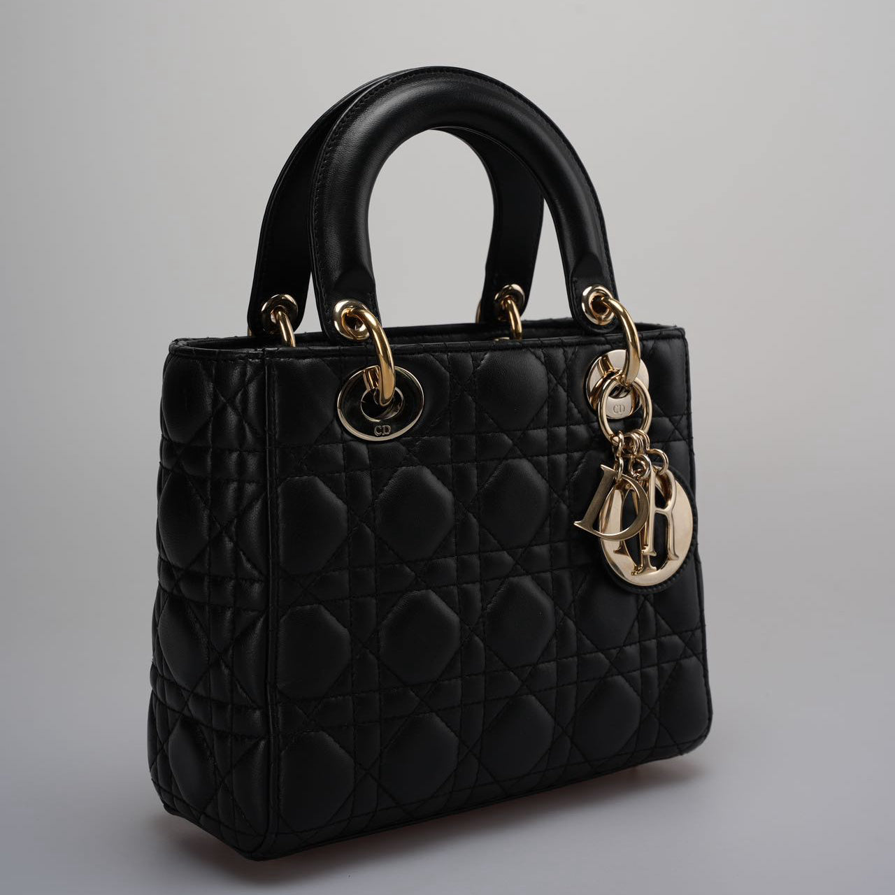 Christian Dior Black Small Lady Dior Bag in Cannage Lambskin Leather with Gold Hardware