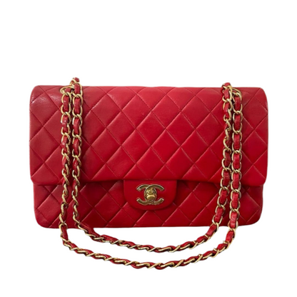 Chanel Red Vintage Classic Double Flap Bag Medium in Lambskin Leather 24K Gold Hardware