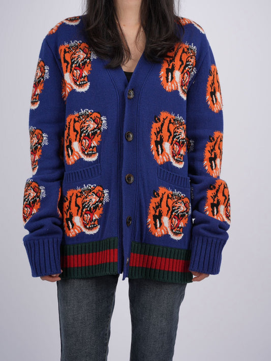 Gucci Tiger Jacquard Wool Cardigan Dark Blue