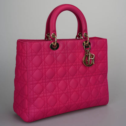 Christian Dior Pink Large Lambskin Cannage Lady Dior with Gold Hardware