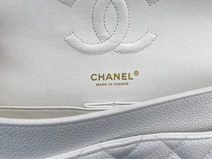 Chanel Medium White Classic Flap Bag in Caviar Leather with Gold Hardware