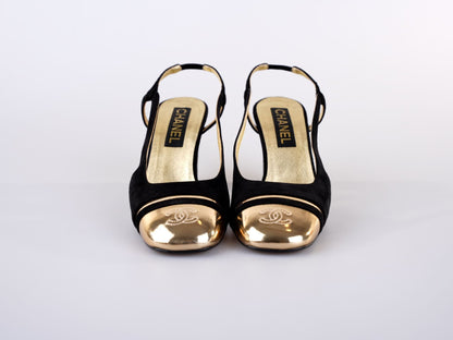 Chanel CC Slingback Heels Black Gold Size 38C