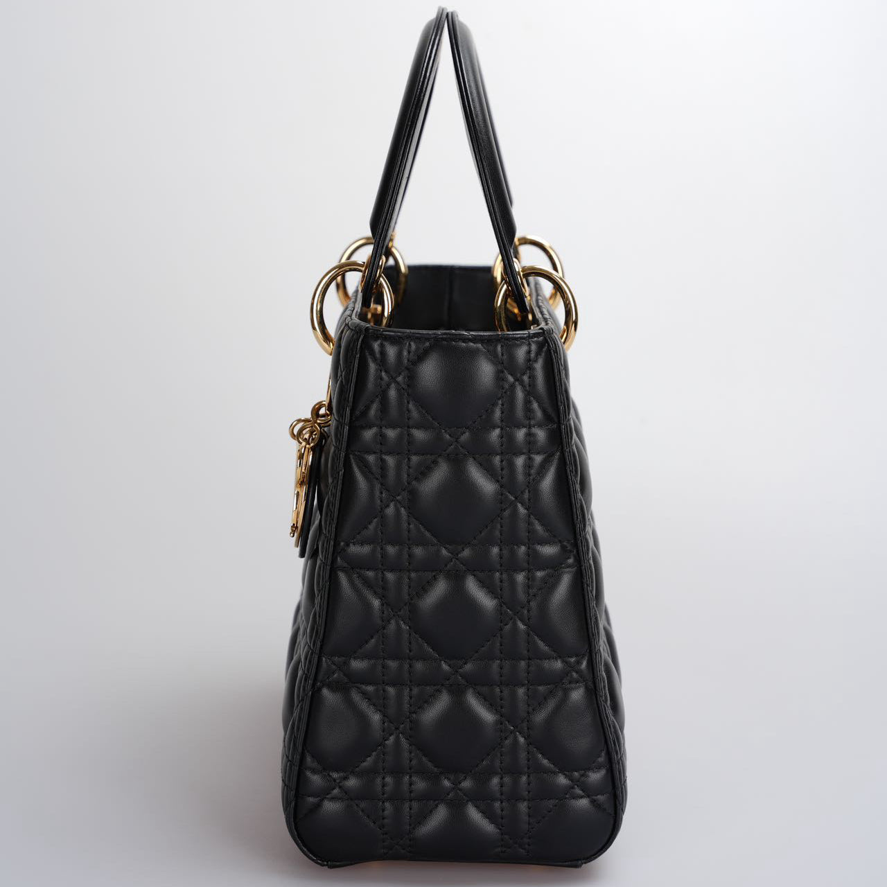 Christian Dior Black Medium Lady Dior Bag in Cannage Lambskin Leather with Gold Hardware