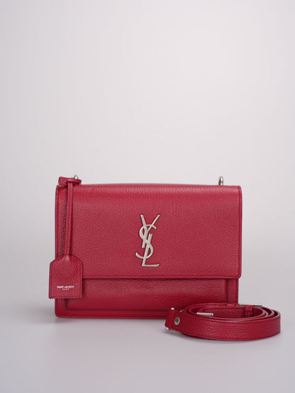 Saint Laurent Grained Calfskin Medium Monogram Sunset Bag in  Satchel Red