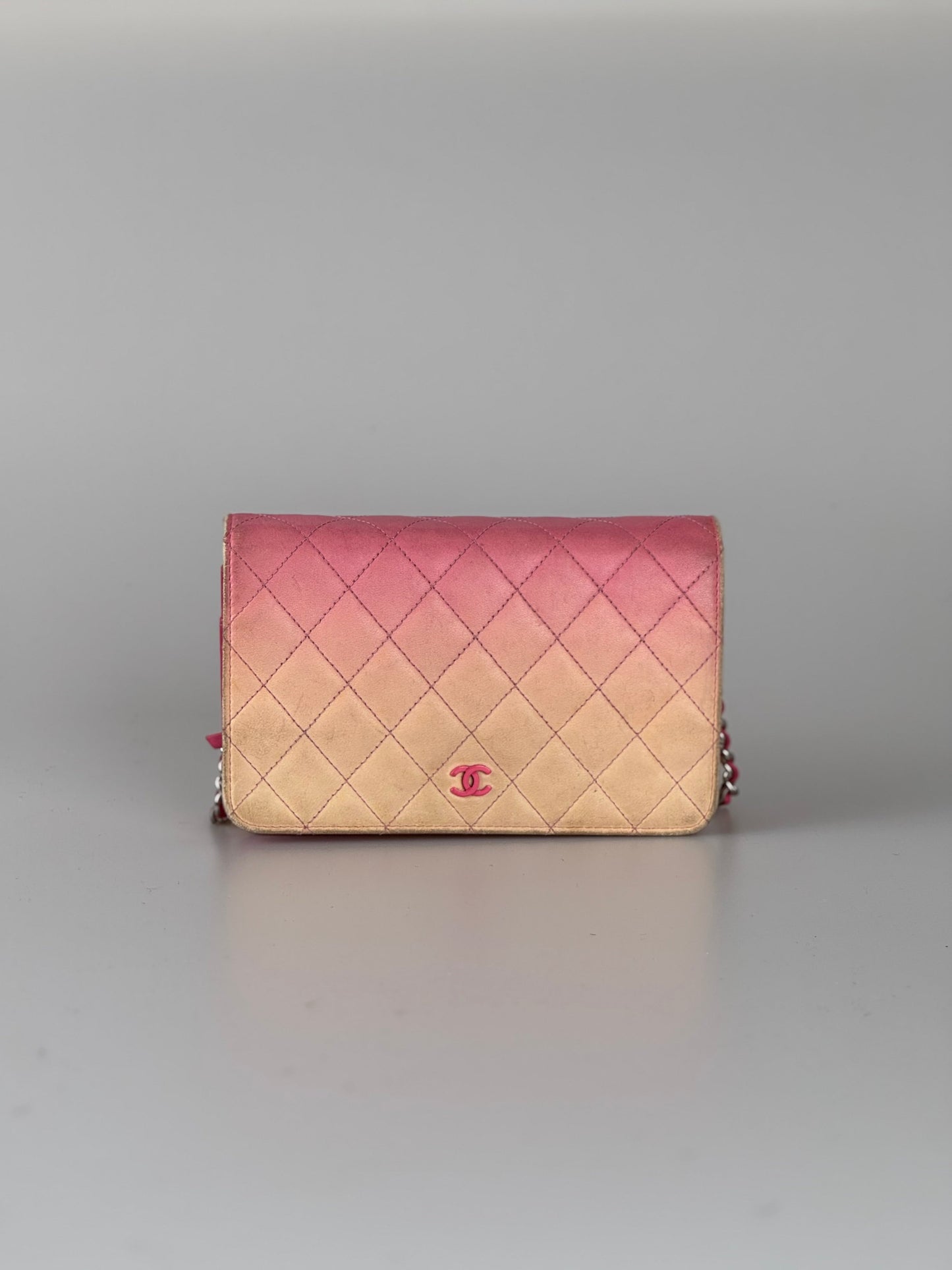 Chanel Faded Lambskin Quilted Zephyr Wallet on Chain WOC Dark Pink