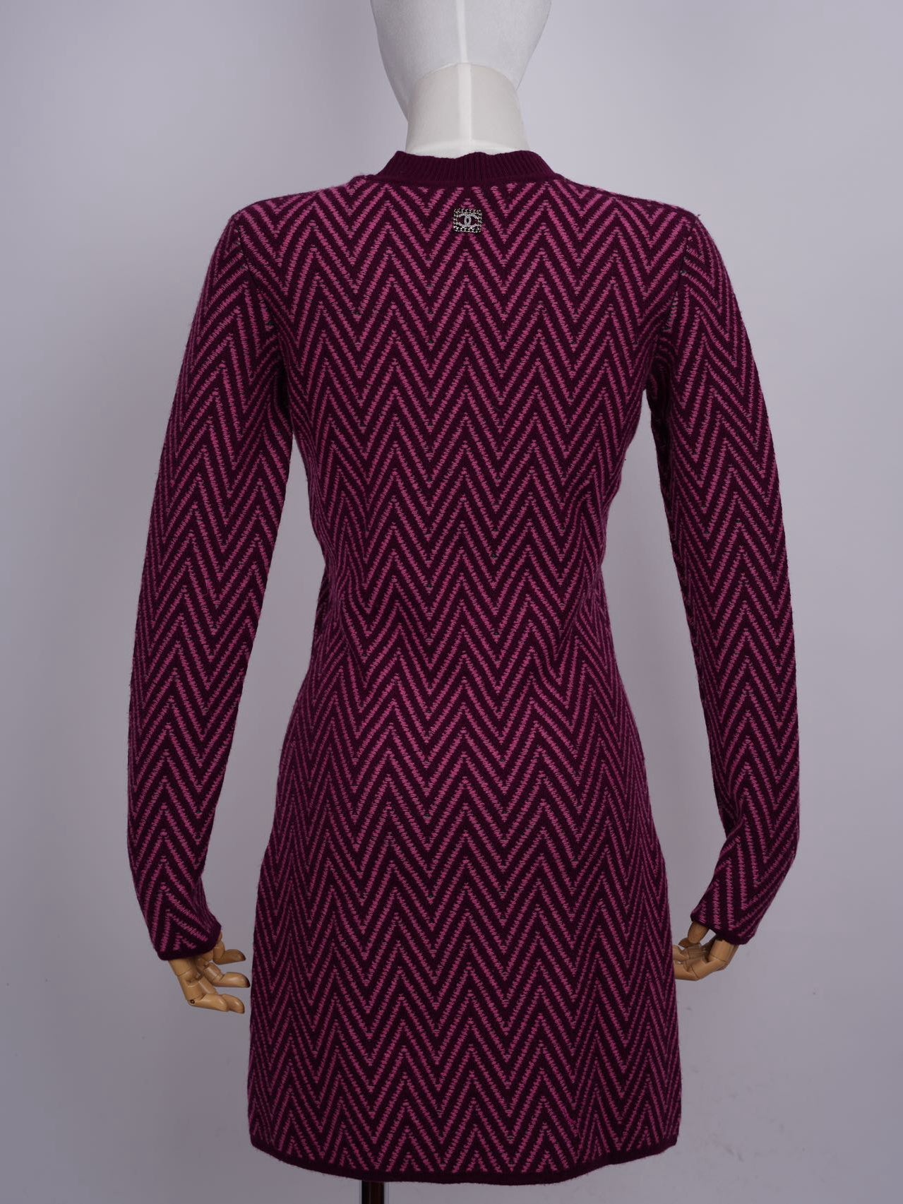 Chanel Burgundy and Green Chevron CC Cashmere Knit Dress Size 36