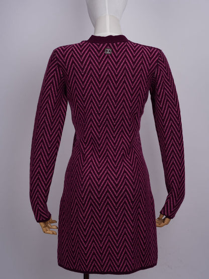 Chanel Burgundy and Green Chevron CC Cashmere Knit Dress Size 36