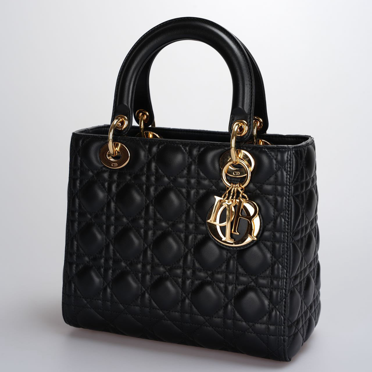 Christian Dior Black Medium Lady Dior Bag in Cannage Lambskin Leather with Gold Hardware