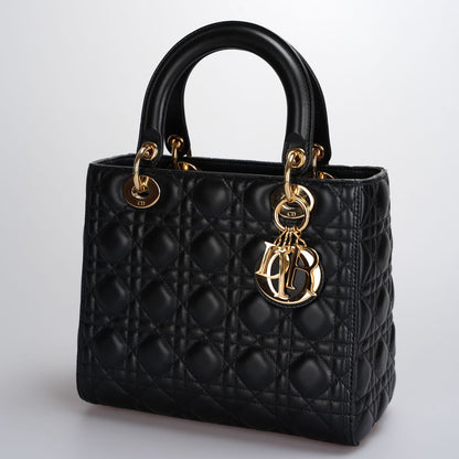 Christian Dior Black Medium Lady Dior Bag in Cannage Lambskin Leather with Gold Hardware