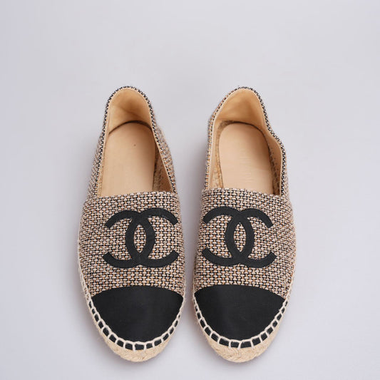 Chanel Tweed Grosgrain CC Espadrilles in Gold Beige Black