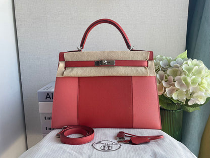 Hermes Kelly 32cm Bag Sellier Flag in Flamingo and Coral Epsom Leather with Palladium Hardware