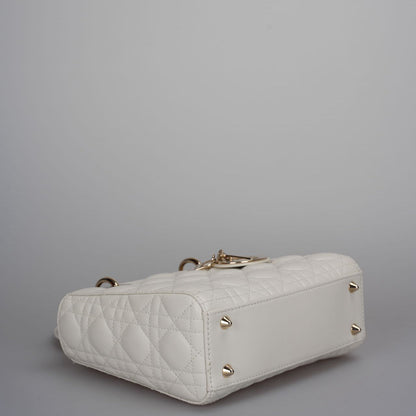 Christian Dior White Small Lady Dior Bag in Cannage Lambskin Leather with Gold Hardware 2020