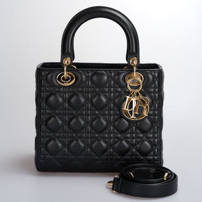 Christian Dior Black Medium Lady Dior Bag in Cannage Lambskin Leather with Gold Hardware