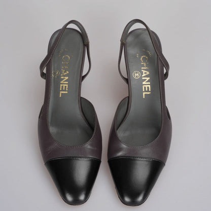 Chanel black burgundy leather slingback pumps with CC logo 35