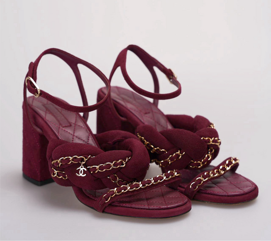 Chanel Suede Chain Braided Sandals 38C in Burgundy