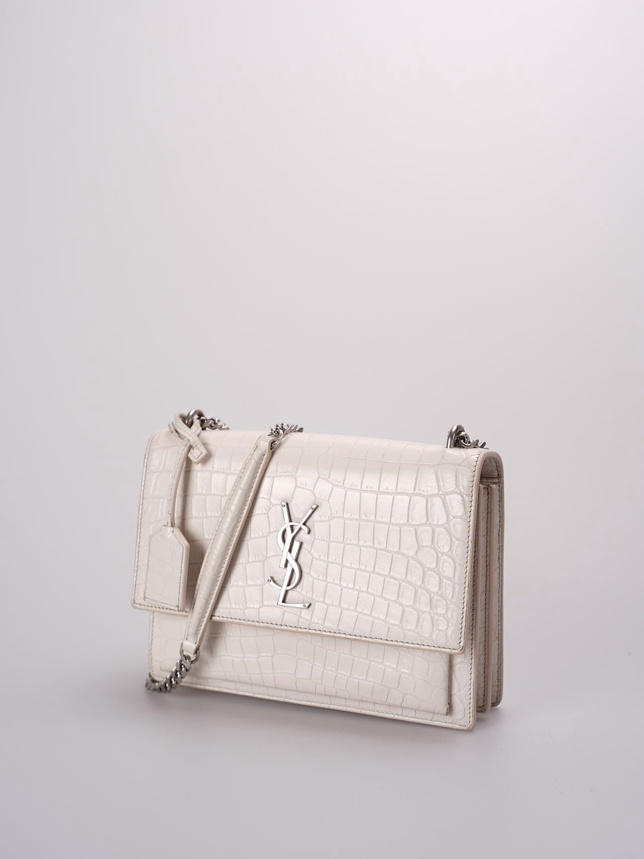 Saint Laurent YSL Sunset Medium Crocodile Embossed Leather Bag in Ivory