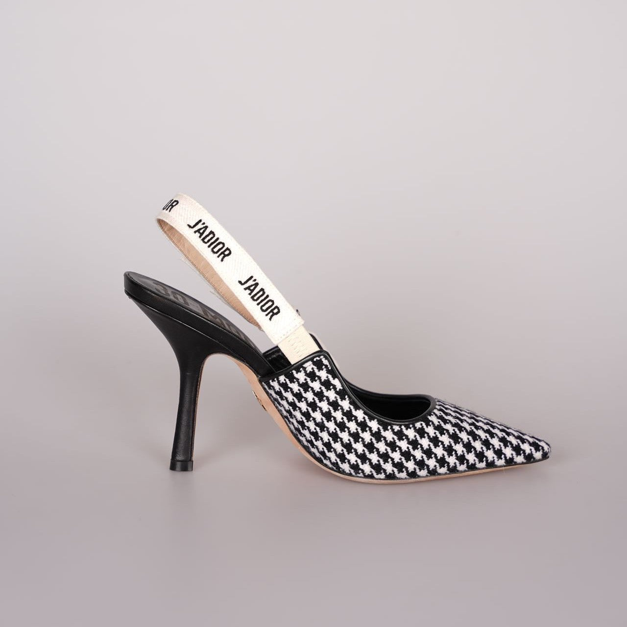 Christian Dior Wool Ribbon Houndstooth J'Adior Slingback 8cm Pumps 38D Black White