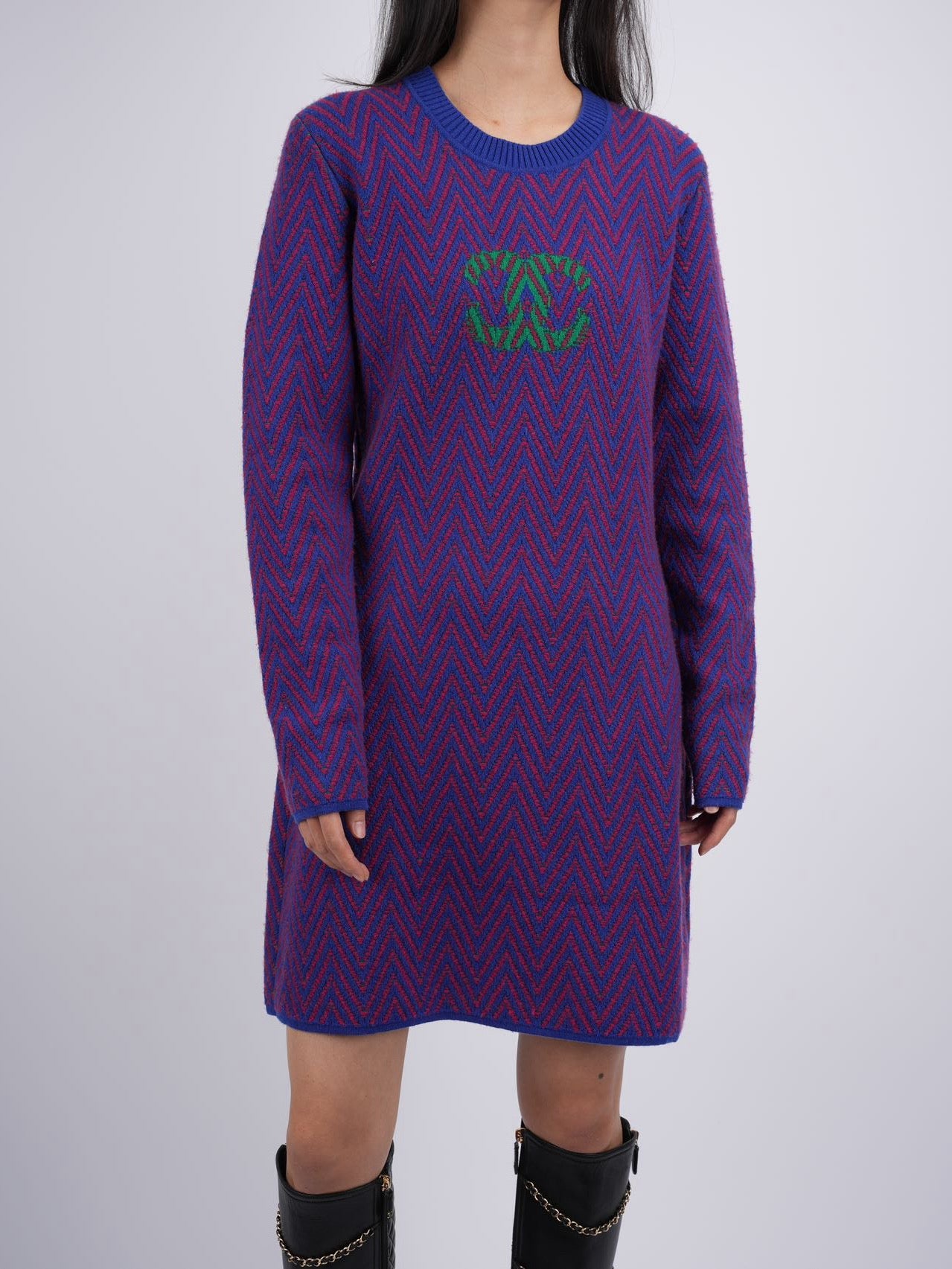 CHANEL 100% cashmere blue red chevron green CC logo  sweater dress FR 38