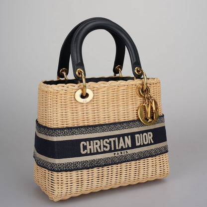 Christian Dior Natural Wicker/Blue Oblique Canvas Medium Lady Dior Bag