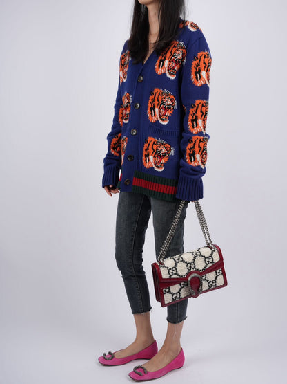 Gucci Tiger Jacquard Wool Cardigan Dark Blue