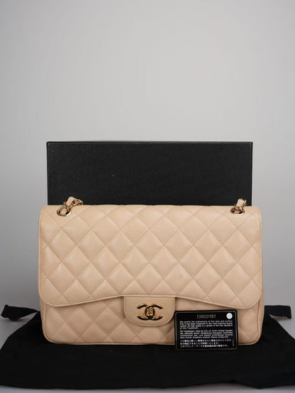 Chanel Beige Jumbo timeless Flap Bag Caviar Leather with Gold Hardware