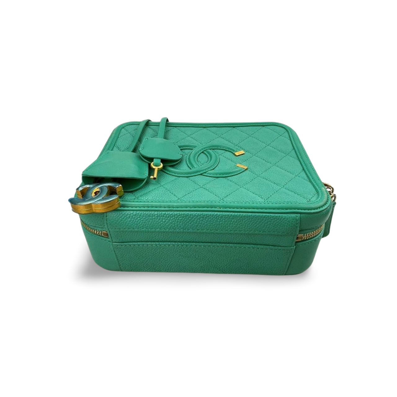 Chanel Vanity Case Bag in Caviar Leather Brushed Gold Hardware Mint Green Medium