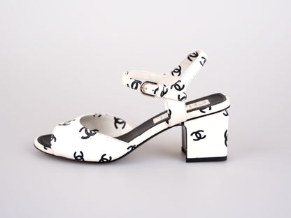 Chanel Printed Lambskin CC Platform Sandals White Black Size 37C