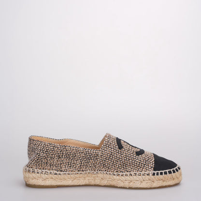 Chanel Tweed Grosgrain CC Espadrilles in Gold Beige Black