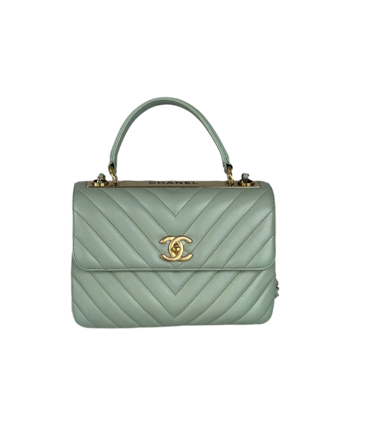 CHANEL Lambskin Chevron Quilted Small Trendy CC Dual Handle Flap Bag Light Green