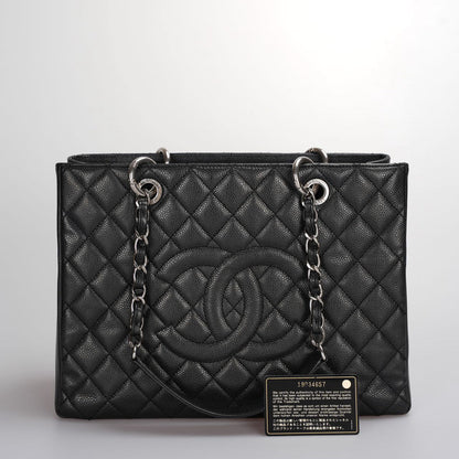 Chanel Black Quilted Caviar Leather GST Bag with Silver Hardware