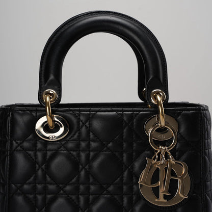 Christian Dior Black Small Lady Dior Bag in Cannage Lambskin Leather with Gold Hardware