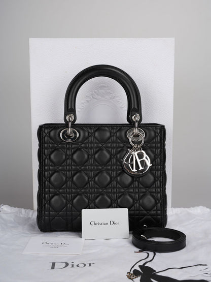 Christian Dior Black Medium Lady Dior Bag in Cannage Lambskin Leather with Silver Hardware