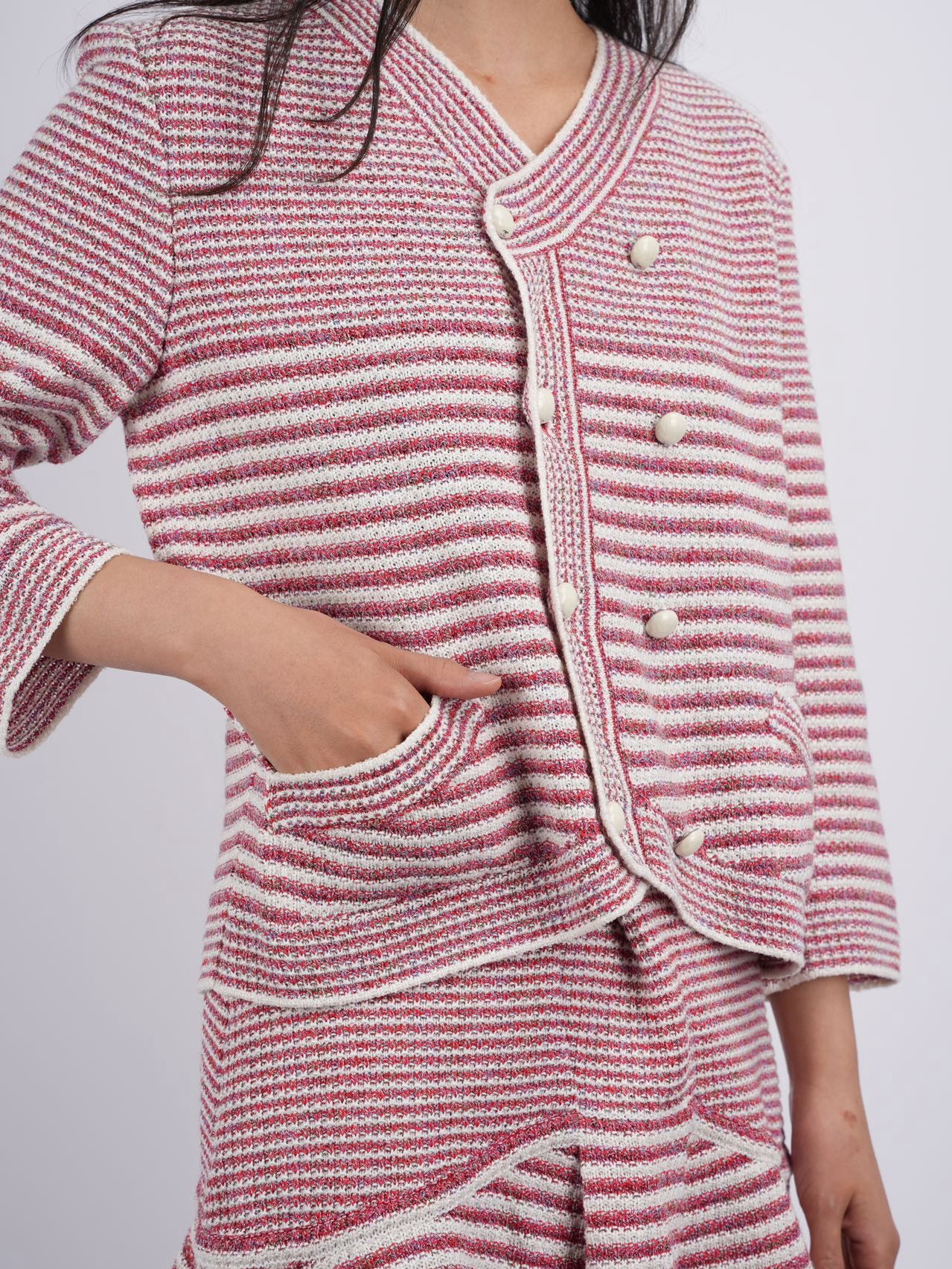 Chanel Pink White Striped Knit Jacket and Mini Skirt Suit