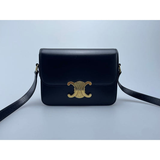 Celine Black Teen Triomphe Bag in Shiny Calfskin Leather with Gold Hardware